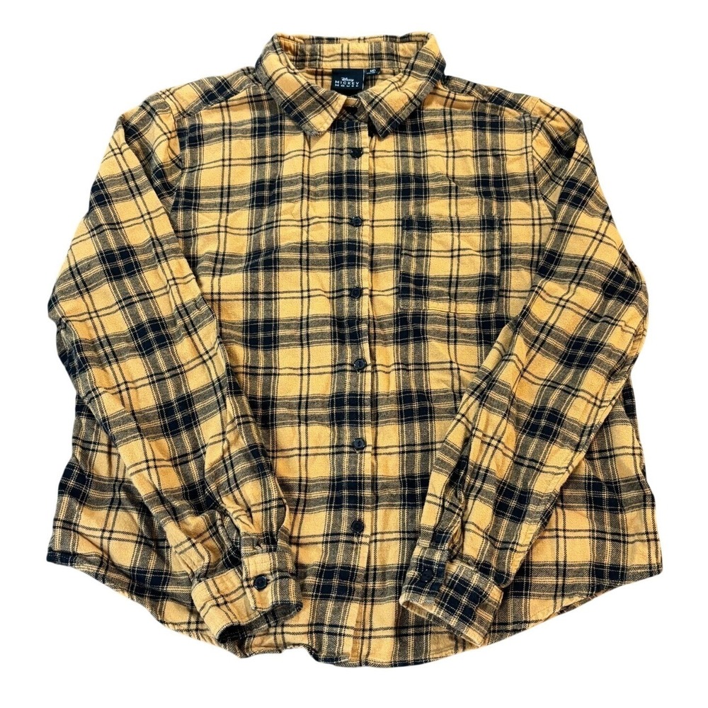 DISNEY Mickey Mouse Womens M Yellow Black Plaid Flannel Shirt Back Graphic